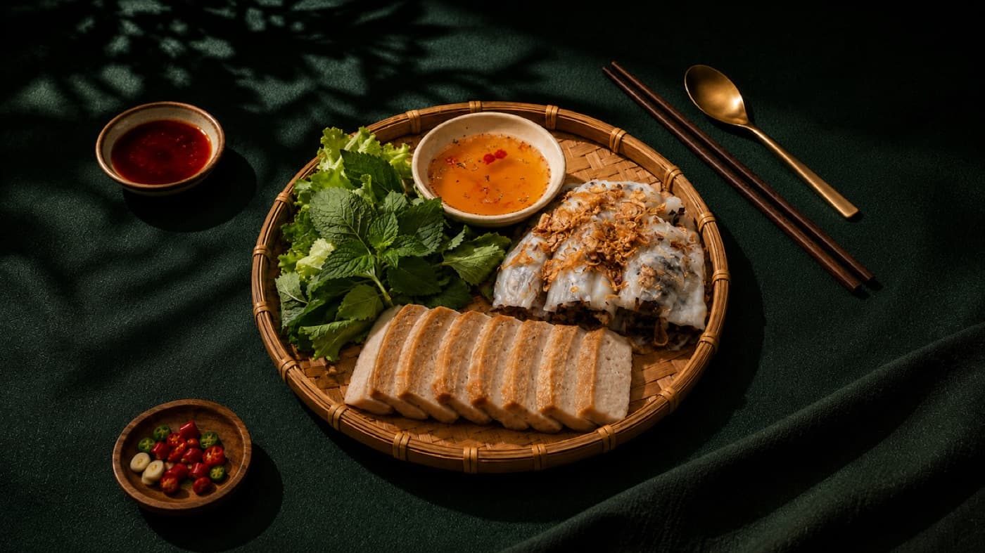 Banh Cuon steamed rice rolls with Vietnamese pork loaf and herbs