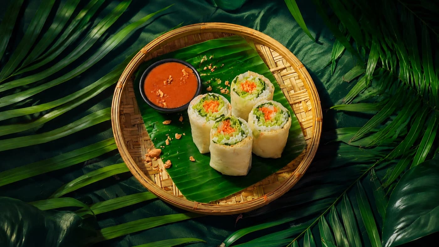 Fresh Vietnamese summer rolls with herbs and rice noodles