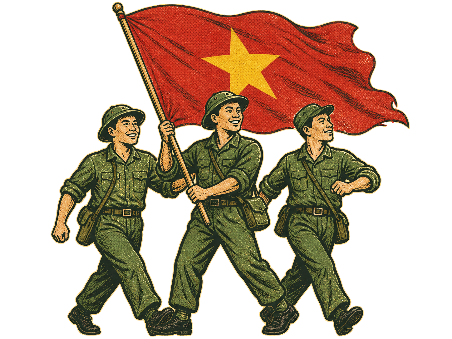 Three marching figures carrying the Vietnamese flag