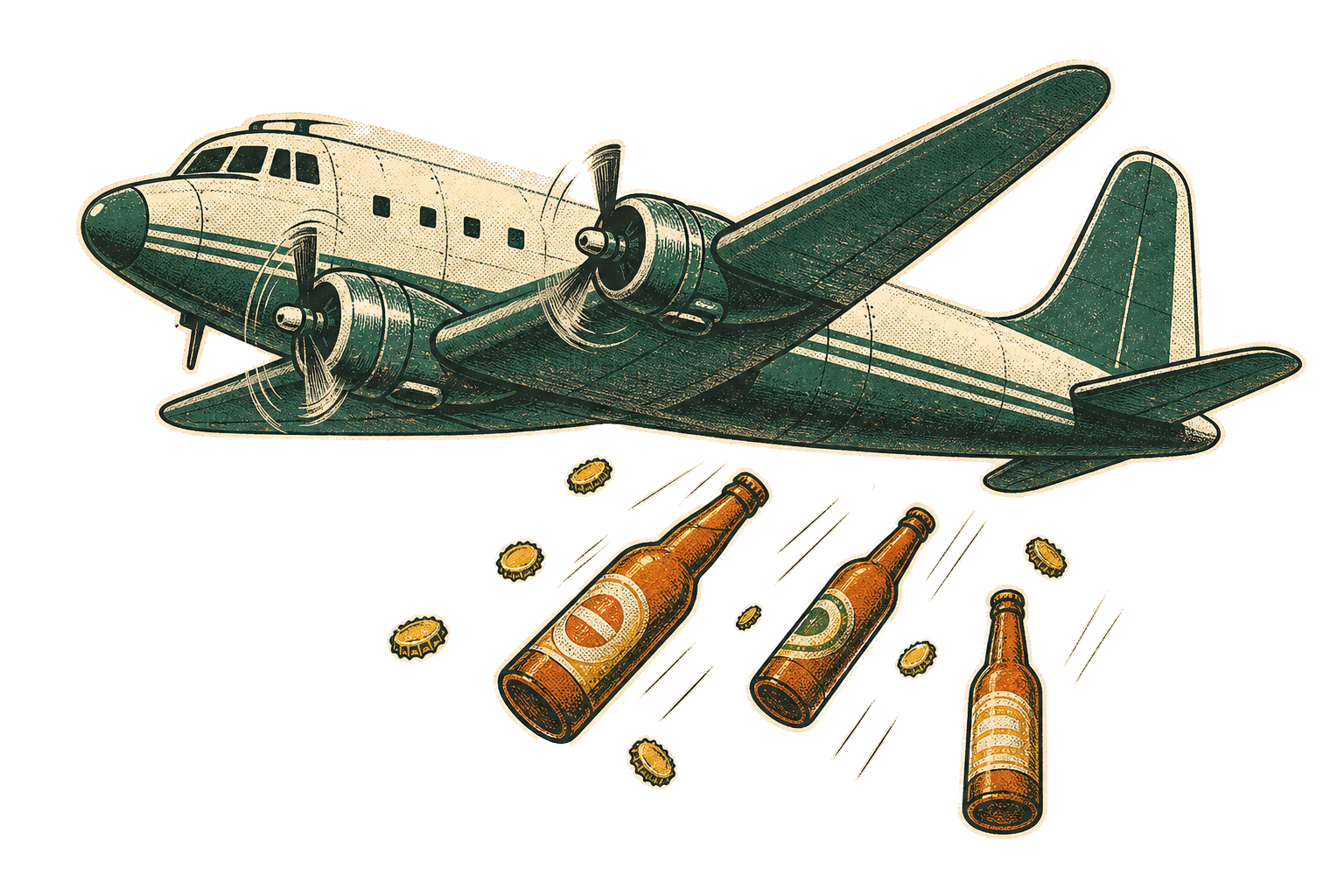 A vintage aeroplane dropping beer bottles