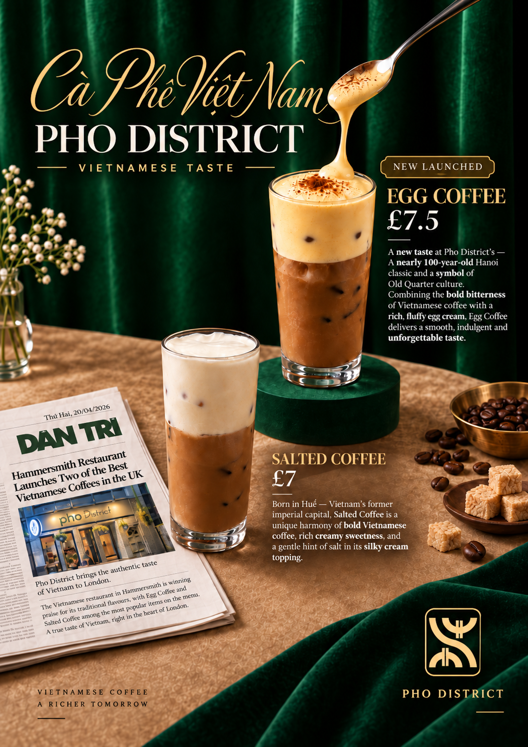 Pho District Vietnamese coffee poster featuring egg coffee and salted coffee