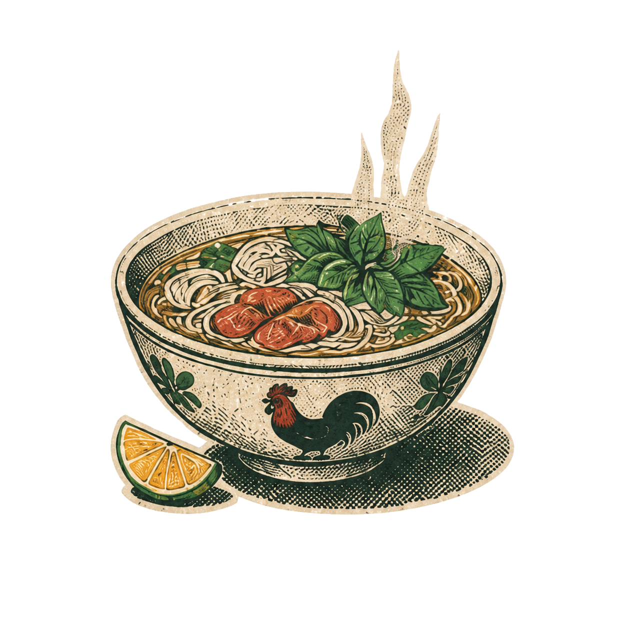 A bowl of pho in a vintage screen-print style
