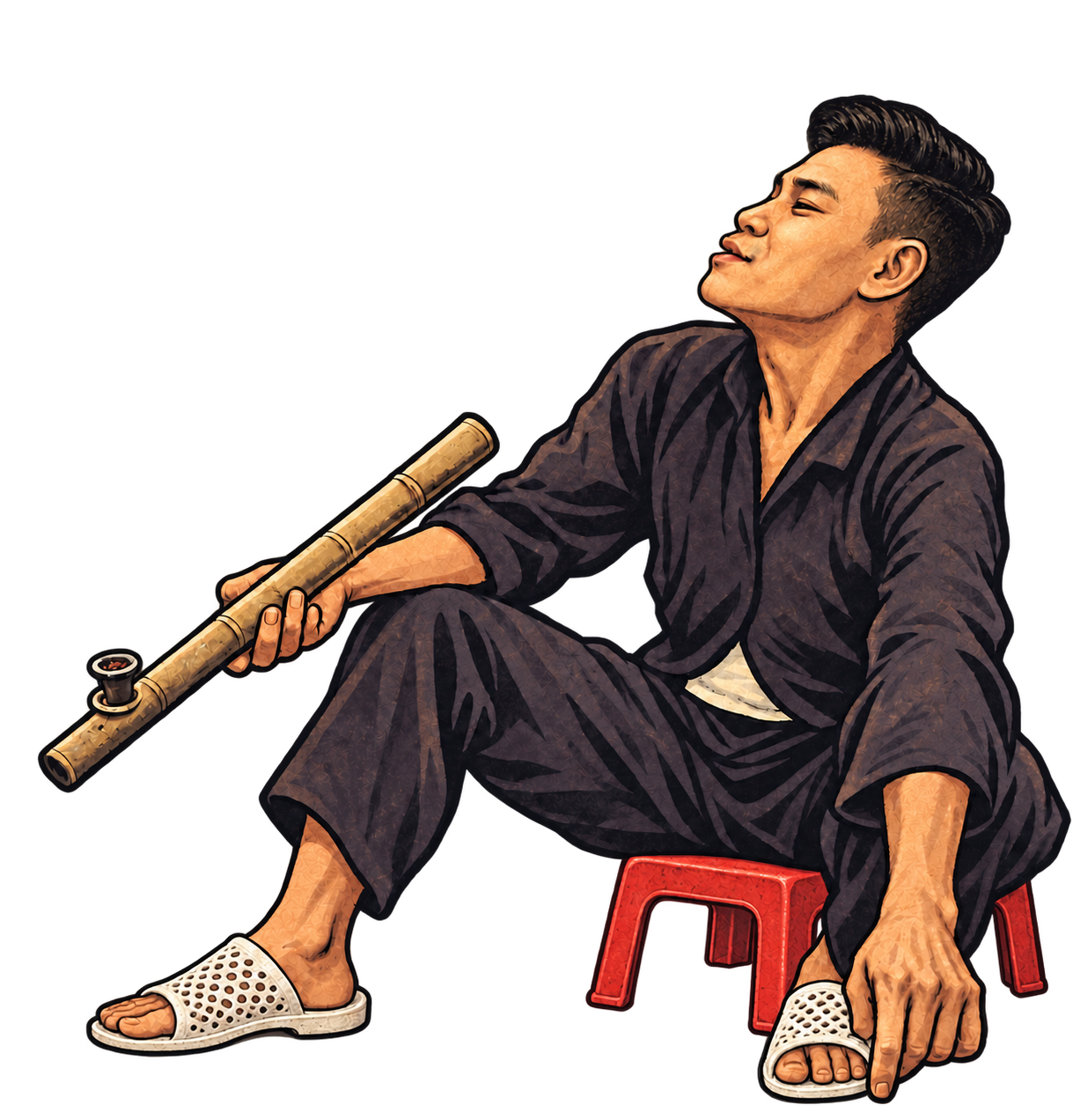 Hanoi man holding a bamboo pipe, seated on a red stool